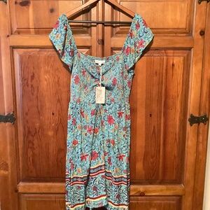 Grace & Lace Border Print Blue Floral Smocked Dress Size XL